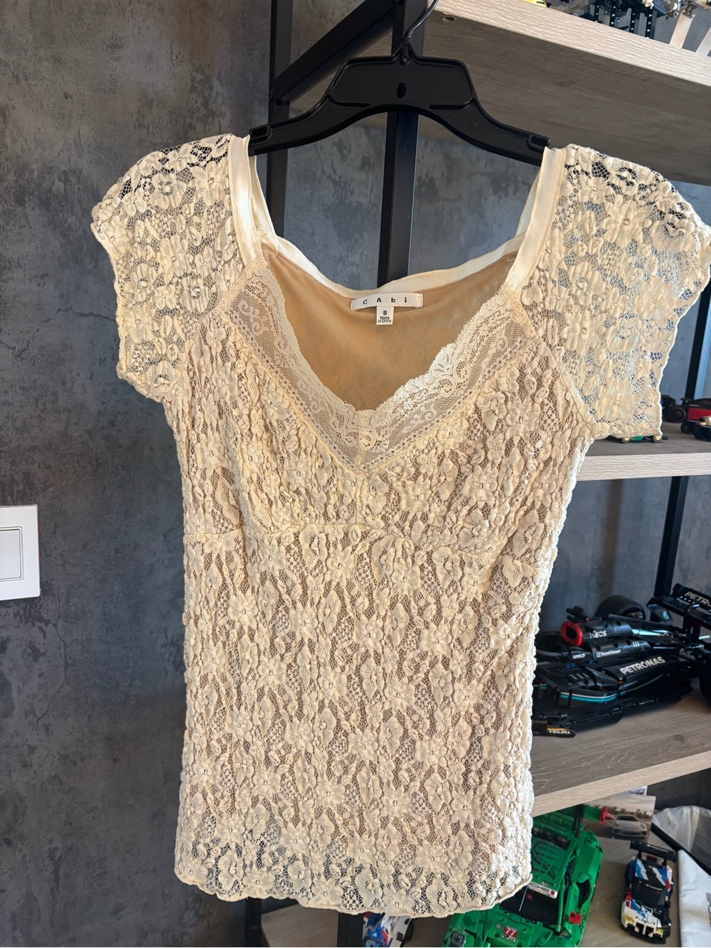 CAbi Cream Lace V-Neck Short Sleeve Top